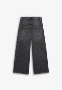 Zwarte denim broeken met brede pijpen en gestalde accenten langs de zijkanten, voorzien van twee achterzakken en een raw hem afwerking.