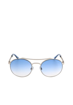 Occhiali da sole tondi con montatura in metallo e lenti sfumate blu, dotati di doppio ponte e terminali delle aste con motivo blu.