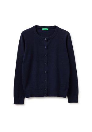 Marineblauer, langärmeliger, zum Knöpfen geeigneter Strickcardigan mit gerippten Bündchen und Saum, rundem Ausschnitt und schlanker Passform.