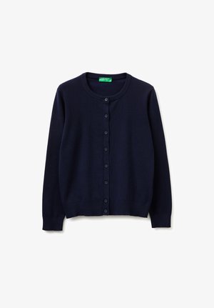 Marineblauwe, lange mouwen, gebreide cardigan met knopen, geribbelde manchetten en zoom, ronde halslijn en een slanke pasvorm.