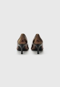 Scarpe con tacco alto di colore marrone, con punta affusolata e sottile tacco nero, caratterizzate da un motivo in pelle di serpente sulla superficie.