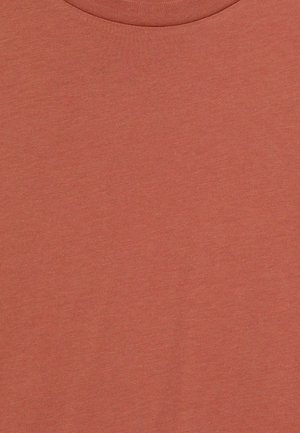 Tričko s krátkym rukávom v tlmených terakotových farbách, vyrobené z mäkkej bavlnenej tkaniny. Má okrúhly výstrih a hladkú, rovnomernú textúru.
