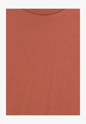 Tričko s krátkym rukávom v tlmených terakotových farbách, vyrobené z mäkkej bavlnenej tkaniny. Má okrúhly výstrih a hladkú, rovnomernú textúru.