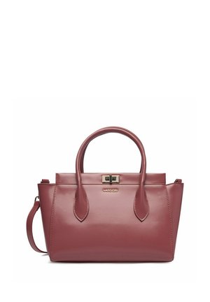Borsa elegante in pelle color bordeaux con doppi manici, chiusura a leva dorata, tracolla removibile e logo del marchio Lasocki sul davanti.