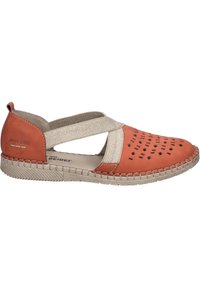 Orange Leder-Schuh mit strukturiertem Design, elastischen Kreuzriemen und einer hellen Gummisohle. Verfügt über kleine Aussparungen im Bereich der Zehen.