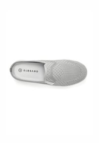 Gray slip-on shoe with mesh upper featuring a textured pattern. Includes a soft insole and small logo on the side.