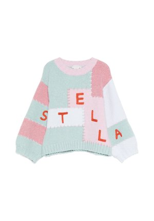 Wielokolorowy sweter robiony na drutach z okrągłym dekoltem, z wzorem patchworkowym w miętowej zieleni, różu i bieli, z imieniem "STELLA" w pomarańczowym.