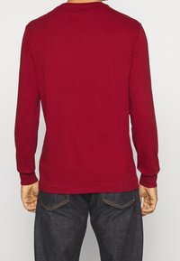 Röd långärmad t-shirt med rund halsringning, tillverkad av mjukt tyg. Har en rak skärning och inga synliga märken eller mönster på baksidan.