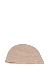 Light pink knit beanie, soft texture, close-fitting design, subtle speckled pattern, with a small brand label on the side.