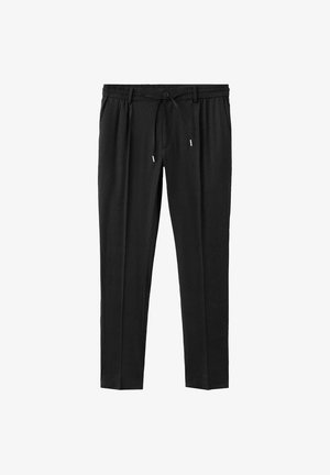 Czarne spodnie szyte na miarę z elastycznym paskiem, zapięciem na guzik i sznurek oraz bocznymi kieszeniami, prezentowane na białym tle.