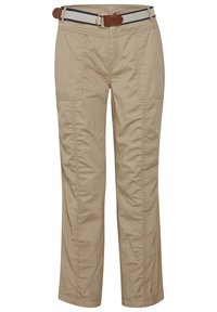 Pantalon en coton beige à coupe droite, avec poches latérales et une ceinture à motif avec un accent en cuir marron.
