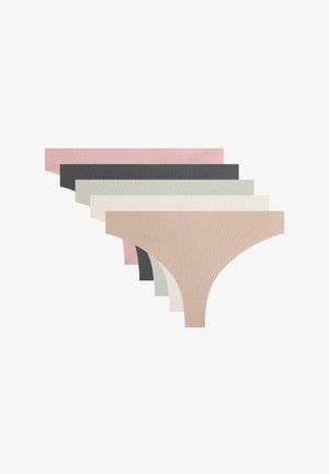 Cinci chiloți hipster cu dungi fine, fără cusături, în nuanțe estompate de bej, crem, gri deschis, cărbune și roz prăfuit, aranjați în evantai.