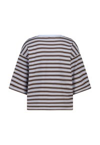 Boxy short-sleeve shirt with horizontal stripes in brown, light blue, and white, featuring a boat neckline.
