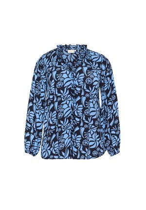 Modra cvetlična bluza z mornarsko modro podlago, z nabranim ovratnikom, dolgimi rokavi in mehko, teksturirano blago z zapletenimi listnatimi vzorci.