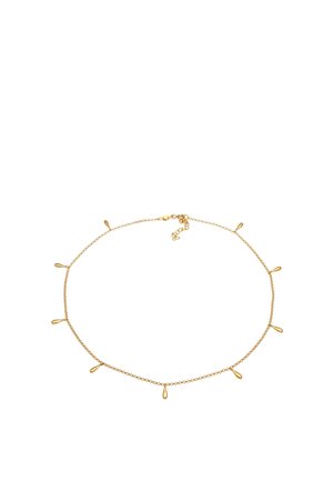 Collier délicat en chaîne d'or avec neuf petits pendentifs en forme de goutte d'eau répartis uniformément et un fermoir réglable.
