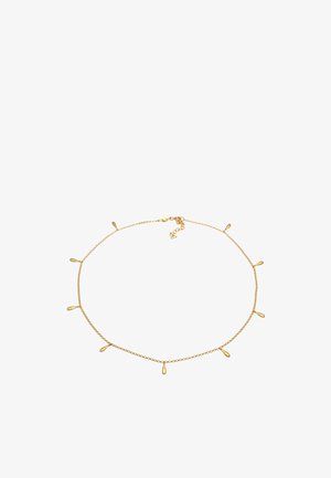 Collier délicat en chaîne d'or avec neuf petits pendentifs en forme de goutte d'eau répartis uniformément et un fermoir réglable.