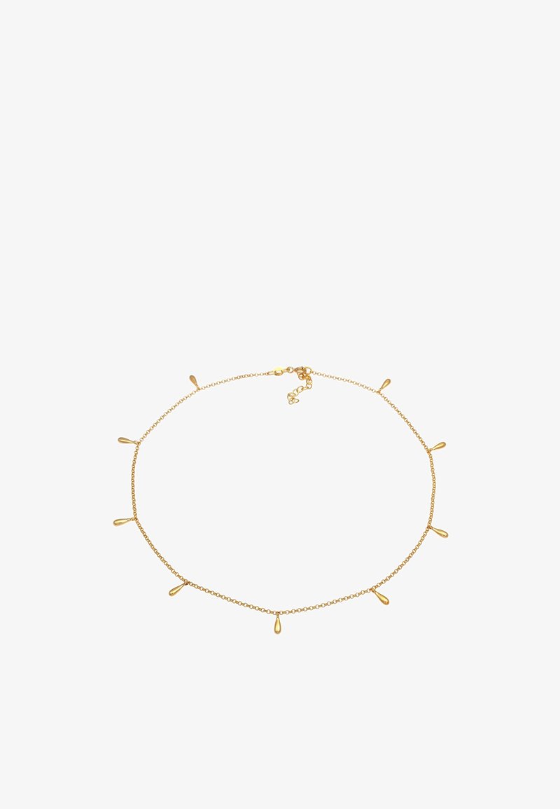 Collier délicat en chaîne d'or avec neuf petits pendentifs en forme de goutte d'eau répartis uniformément et un fermoir réglable.