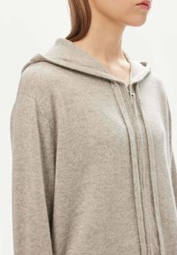 Huvtröja med dragkedja i ljusgrått, tillverkad av mjukt material. Har en framtida dragkedja, långa ärmar och en avslappnad passform. Särskilt slät textur.