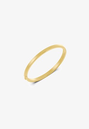 Tenký leštený zlatý náramok s hladkým, zaobleným povrchom na bielom pozadí.