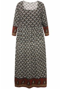 Svart maxiklänning med blommönster, långa ärmar och fyrkantig halsringning. Röda detaljer vid ärmsluten och fållen har en dekorativ kant.