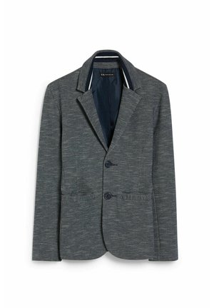 Grå struktureret blazer med to knapper, notch revers og marineblå for, med forlommer med klap og stribet indre krave.