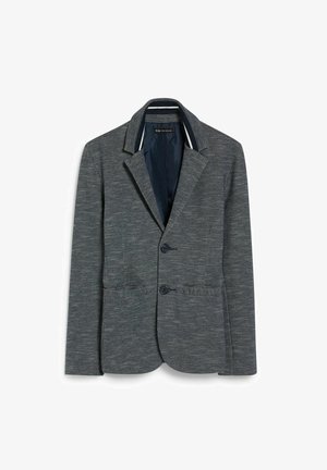 Grå struktureret blazer med to knapper, notch revers og marineblå for, med forlommer med klap og stribet indre krave.