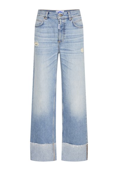 Lichtblauwe wijde jeans met gescheurde patches, een ruwe zoom en een lichte vervaging. Voorzien van standaardzakken en een knoop- en ritsluiting.