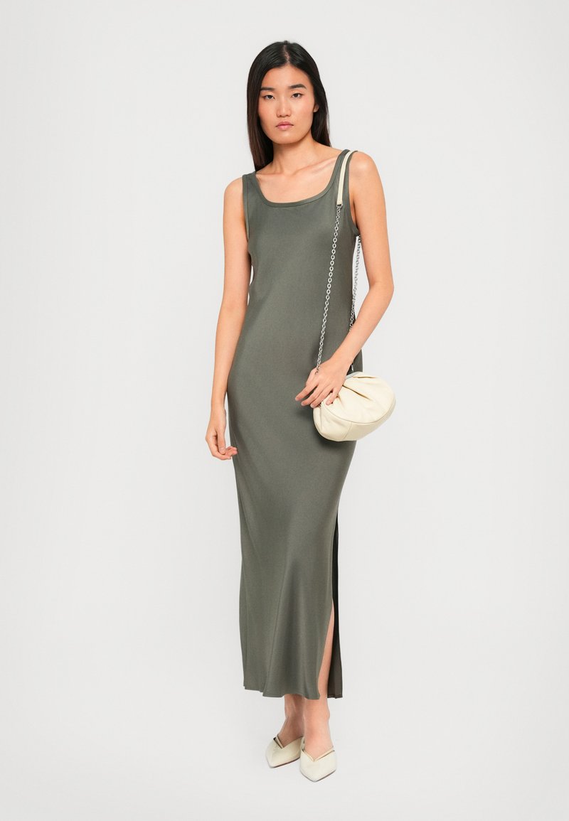 midi olive green dress Everleigh Soft Satin Midi Dress Olive | Wedding Guest Dress | Midi main image 0