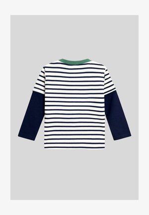 Cămașă cu mâneci lungi, cu dungi orizontale bleumarin și alb și un accent verde la guler. Material moale din bumbac, croi lejer.