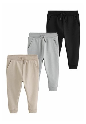 Tre par joggers med ribkant i sort, lysegrå og beige med snøre i taljen og sidelommer.