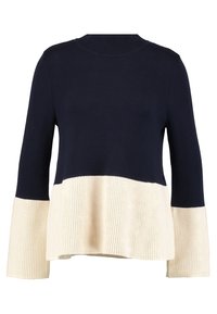 Strickpullover mit einem oberen Abschnitt in Marineblau und einem unteren Teil in cremefarbenem Rippenmuster. Klassischer Rundhalsausschnitt mit ausgestellten Ärmeln für eine entspannte Passform.