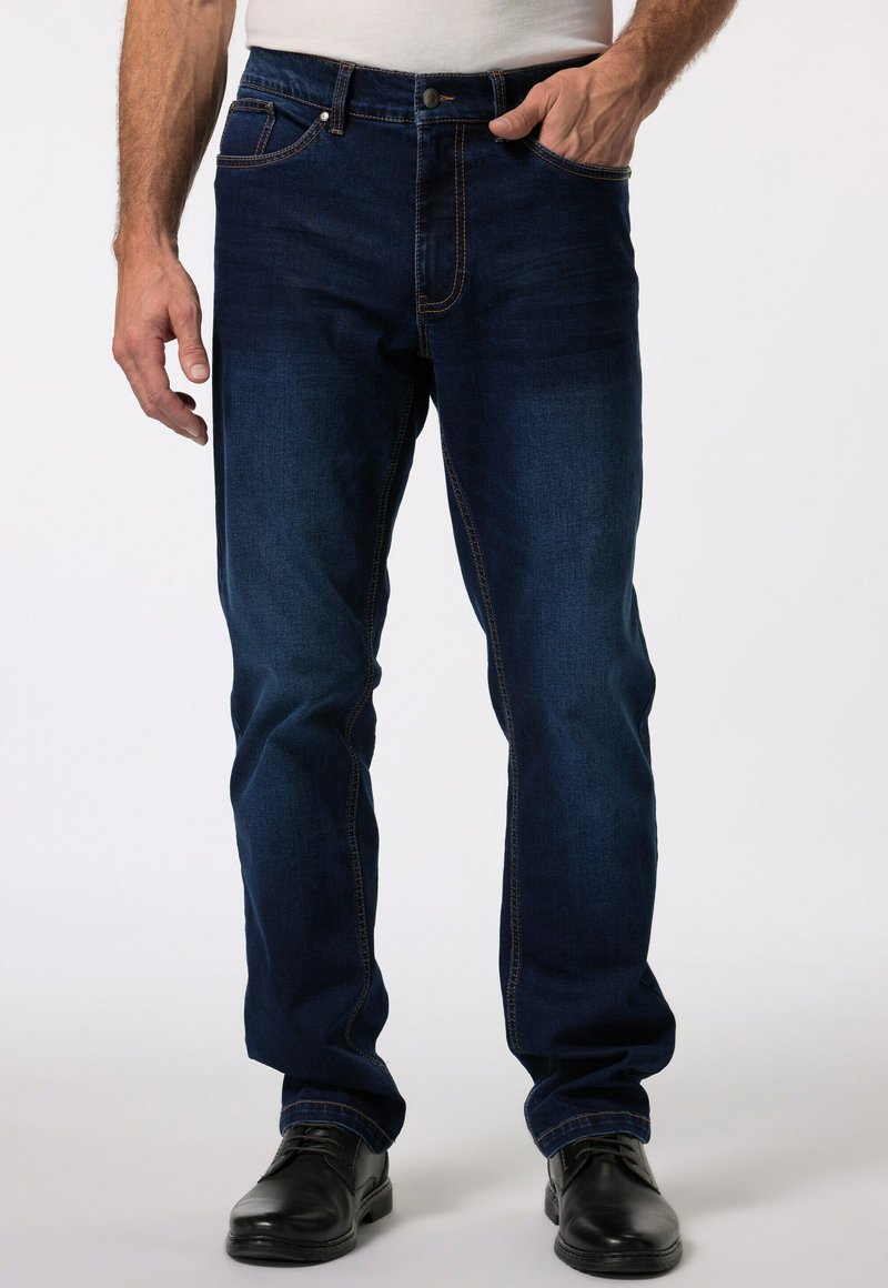 Tmavě modré džínové kalhoty se střihováním rovného nohavice, s kontrastním šitím, předními kapsami a zapínáním na knoflík.
