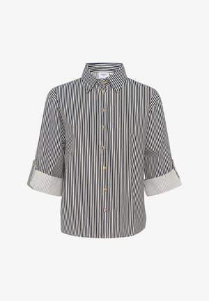 Cămașă cu nasturi în dungi verticale bleumarin și crem, având un guler, mâneci rulate la trei sferturi și nasturi din metal auriu.