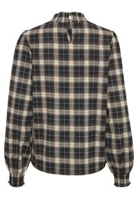 Black and beige plaid blouse with a smocked high neck, long puff sleeves, and a keyhole back detail. Soft fabric texture, relaxed fit.