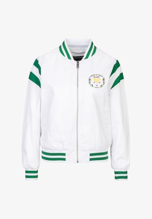 Witte jas met ritssluiting en groene gestreepte kraag, manchetten en zoom, groene strepen op de mouwen en een klein geborduurd tennisembleem op de borst.