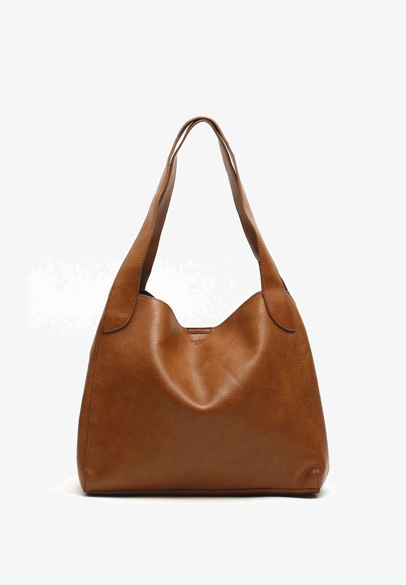 Brązowa skórzana torba na ramię z szerokimi paskami, miękką teksturą i subtelnym logo marki w pobliżu górnego środka.