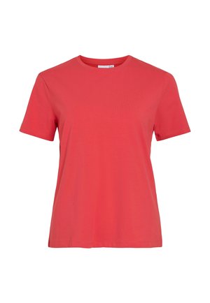 T-shirt basique à manches courtes et col rond de couleur rouge corail uni sur fond blanc.