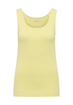 Camiseta sin mangas amarilla hecha de tela suave con escote redondo y textura lisa. Etiqueta de la marca "CECIL" visible en la parte superior.