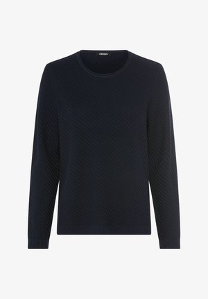 Dunkelblauer Strickpullover mit runder Ausschnitt, langen Ärmeln und strukturiertem Fischgrätmuster. Gerippte Bündchen und Saum.