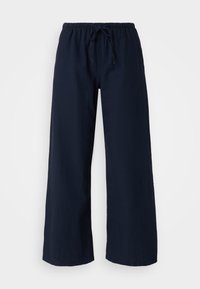 Marinblå vidbent byxor med elastisk midja och dragsko, tillverkade av lättviktsmaterial.