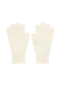 Gants tricotés en blanc cassé, avec un poignet côtelé, un design à cinq doigts, une surface texturée et un tissu doux pour la chaleur.