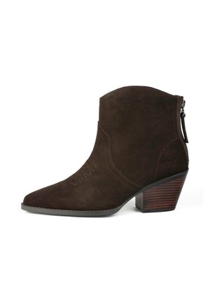 Brown suede ankle boot with a pointed toe, decorative stitching, and a stacked heel. Features a side zipper for easy access.