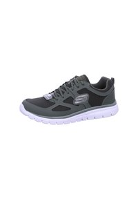 Scarpa sportiva grigia realizzata in rete e materiali sintetici. Presenta una suola bianca e imbottita, un design con lacci e pannelli traspiranti.