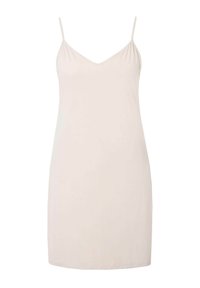 Abito slip beige chiaro con spalline sottili regolabili, scollatura a V, tessuto liscio e un design semplice e lineare senza motivi o decorazioni.