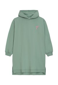Mintgrünes, übergroßes Hoodie-Kleid mit einem pinken Herzlogo auf der Brust, langen Ärmeln und Seitenschlitzen am Saum. Hergestellt aus weichem Material.
