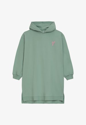 Mintgrünes, übergroßes Hoodie-Kleid mit einem pinken Herzlogo auf der Brust, langen Ärmeln und Seitenschlitzen am Saum. Hergestellt aus weichem Material.
