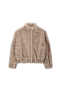 Veste en fausse fourrure beige avec un col montant, des poignets élastiques et une ceinture. Elle dispose de deux poches latérales et d'une surface douce et texturée.