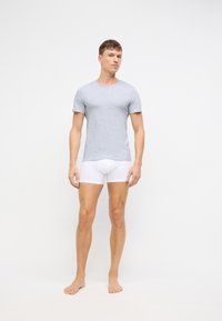 Grå T-skjorte med kort erme kombinert med hvite boxershorts, tettsittende stil, glatt tekstur, og et enkelt, klassisk design. Barføtt stående.