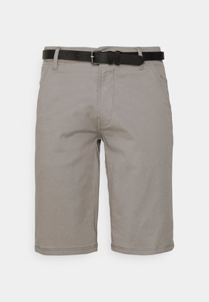Gray shorts made of cotton, featuring a flat front, two side pockets, and a black leather belt. The design is straight leg with stitched detailing.