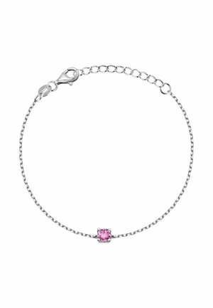 Silbernes Kettenarmband mit verstellbaren Gliedern und einem kleinen runden rosa Edelstein in der Mitte, Karabinerverschluss.